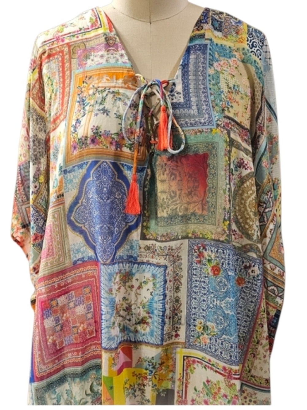 JOHNNY WAS EUC Bella Lace Up Cotton Silk Boho L XL Maxi Kaftan Caftan - Picture 4 of 15